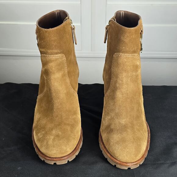 Preloved Tory Burch Sofia Logo Ring High Heel Ankle Suede Leather Booties Brown - Picture 3 of 12